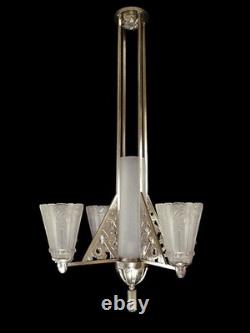 Art Deco Lustre in Nickel-Plated Bronze with Pressed Glass Tulips, 1930