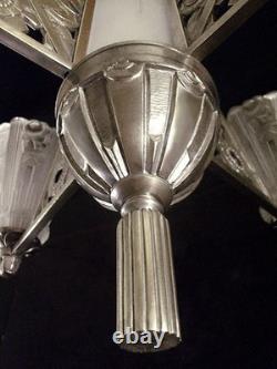 Art Deco Lustre in Nickel-Plated Bronze with Pressed Glass Tulips, 1930