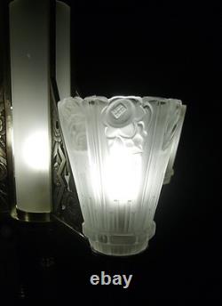 Art Deco Lustre in Nickel-Plated Bronze with Pressed Glass Tulips, 1930