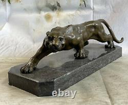 Art Deco Made Mountain Lion Bronze Wildlife Sculpture By Barye Case