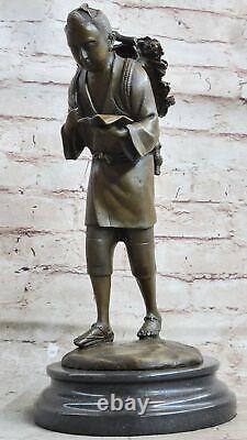 Art Deco Marble Base Bronze Sculpture Chinese School Boy Cast Figurine
