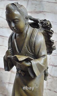 Art Deco Marble Base Bronze Sculpture Chinese School Boy Cast Figurine