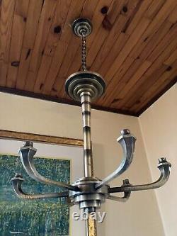 Art Deco Modernist Silvered Bronze Chandelier 6 Lights 1930 Boretti Fournet Coduré