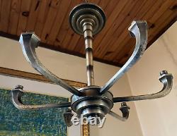 Art Deco Modernist Silvered Bronze Chandelier 6 Lights 1930 Boretti Fournet Coduré