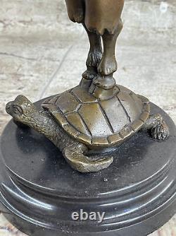 Art Deco Mythology Satyre Standing On Turtle Bronze Sculpture Good Luck Gift