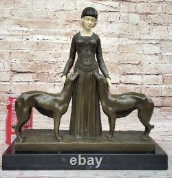 Art Deco New Superb Woman With Her Two Dogs Bronze Statue 'Lost' Wax