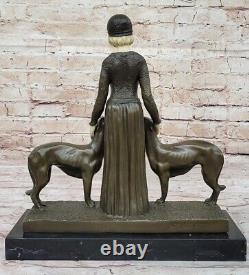 Art Deco New Superb Woman With Her Two Dogs Bronze Statue 'Lost' Wax