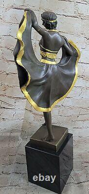 Art Deco / Nouvea Superb Dancer With Gold Skate By Bergman Bronze Massif Statue