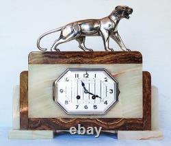 Art Deco Onyx Clock with Bronze Panther Signed HUGUES