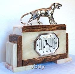 Art Deco Onyx Clock with Bronze Panther Signed HUGUES
