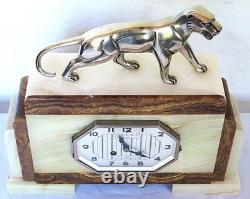 Art Deco Onyx Clock with Bronze Panther Signed HUGUES