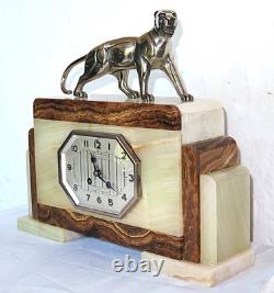 Art Deco Onyx Clock with Bronze Panther Signed HUGUES
