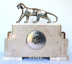 Art Deco Onyx Clock with Bronze Panther Signed HUGUES