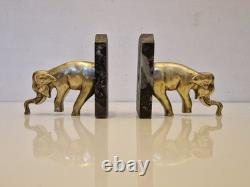Art Deco Pair of Elephant Bookends, Gilt Bronze and Stone, 1930s