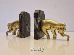 Art Deco Pair of Elephant Bookends, Gilt Bronze and Stone, 1930s