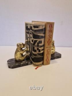Art Deco Pair of Elephant Bookends, Gilt Bronze and Stone, 1930s