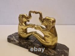 Art Deco Pair of Elephant Bookends, Gilt Bronze and Stone, 1930s