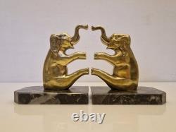 Art Deco Pair of Elephant Bookends in Gilded Bronze and Stone from the 1930s