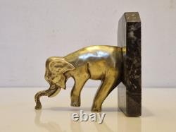 Art Deco Pair of Elephant Bookends in Gilded Bronze and Stone from the 1930s