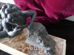 Art Deco Pan Flute Youth Statue in Regule on Onyx Base, 42x12xH21cm, Weight 7kg