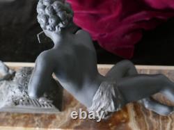 Art Deco Pan Flute Youth Statue in Regule on Onyx Base, 42x12xH21cm, Weight 7kg