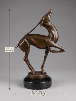 Art Deco Patinated Bronze Antelope Sculpture, after Marcel Bouraine, marble base