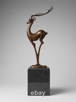Art Deco Patinated Bronze Deer Sculpture Signed Coenrad on Marble-Effect Base