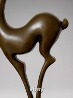 Art Deco Patinated Bronze Deer Sculpture Signed Coenrad on Marble-Effect Base