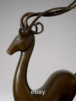 Art Deco Patinated Bronze Deer Sculpture Signed Coenrad on Marble-Effect Base