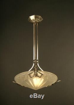 Art Deco Pendant In Bronze And Old Silver Brass, Molded-pressed Glass Vessel