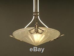 Art Deco Pendant In Bronze And Old Silver Brass, Molded-pressed Glass Vessel