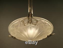 Art Deco Pendant In Bronze And Old Silver Brass, Molded-pressed Glass Vessel