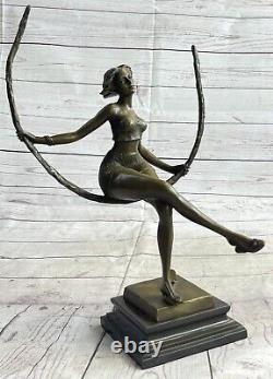 Art Deco Sculpture Beautiful Woman Girl Swing Bronze Statue Figure Signed