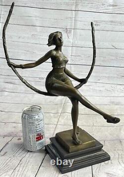 Art Deco Sculpture Beautiful Woman Girl Swing Bronze Statue Figure Signed