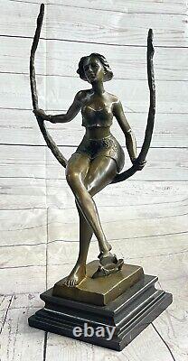 Art Deco Sculpture Beautiful Woman Girl Swing Bronze Statue Figure Signed