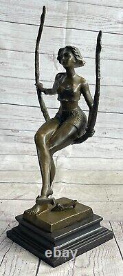 Art Deco Sculpture Beautiful Woman Girl Swing Bronze Statue Figure Signed