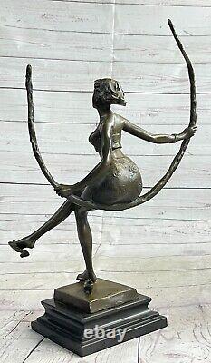 Art Deco Sculpture Beautiful Woman Girl Swing Bronze Statue Figure Signed