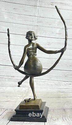 Art Deco Sculpture Beautiful Woman Girl Swing Bronze Statue Figure Signed