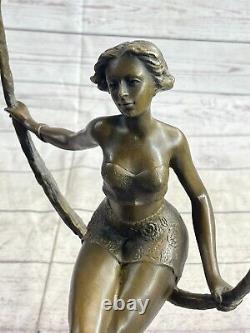 Art Deco Sculpture Beautiful Woman Girl Swing Bronze Statue Figure Signed