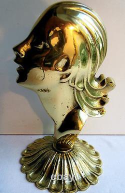 Art Deco Sculpture, Bronze Gilded Solid Woman Bust On Stand, Bookend