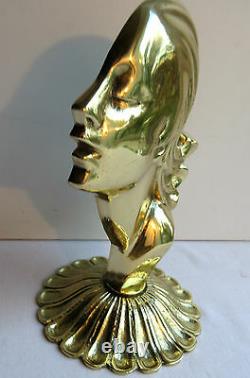 Art Deco Sculpture, Bronze Gilded Solid Woman Bust On Stand, Bookend