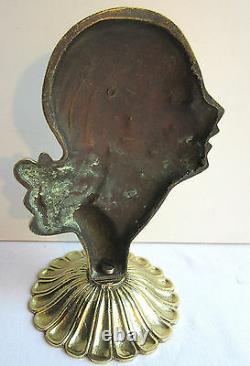 Art Deco Sculpture, Bronze Gilded Solid Woman Bust On Stand, Bookend