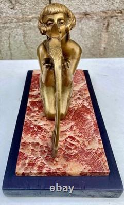 Art Deco Sculpture Statue 1920 1930 in Bronze of Woman with Pheasant on Marble Base
