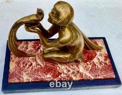 Art Deco Sculpture Statue 1920 1930 in Bronze of Woman with Pheasant on Marble Base