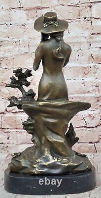 Art Deco Sculpture Victorian Woman Girl Sitting With Dog Bronze Statue