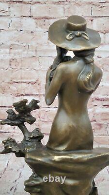 Art Deco Sculpture Victorian Woman Girl Sitting With Dog Bronze Statue