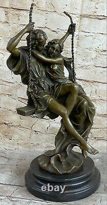 Art Deco Sculpture Woman And Male Lovers Sit Swing Stay Close Bronze Deal