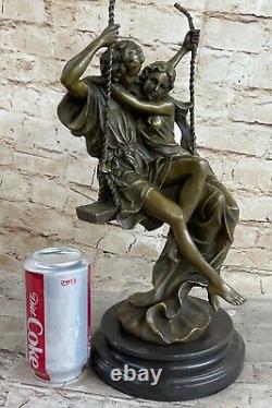 Art Deco Sculpture Woman And Male Lovers Sit Swing Stay Close Bronze Deal