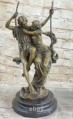 Art Deco Sculpture Woman And Male Lovers Sit Swing Stay Close Bronze Deal