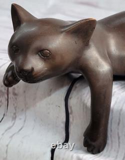 Art Deco Signed Bronze Lion Statue Cubist Figurine Wild Cat Cast Art